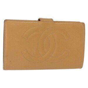 CHANEL COCO Mark Long Wallet Grained Calf Skin Beige Gold CC Auth bs31582